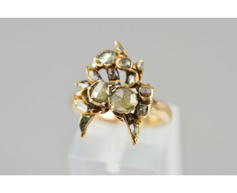 A ROSE CUT DIAMOND DRESS RING, abstract design, ring size K, hallmarked 9ct gold, Birmingham, date letter possibly 1938, appr