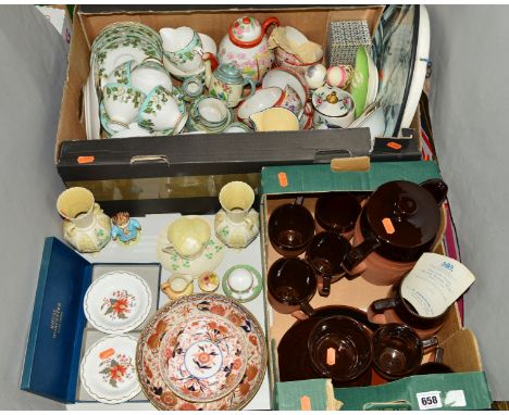 TWO BOXES AND LOOSE CERAMICS ETC, to include two miniature Royal Worcester blush ivory Belleek vases and cup/saucer, Gladston