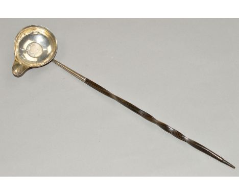 A GEORGE III PUNCH LADLE, the bowl with inscription and set with a Georgian coin, twisted handle, length 350mm, weight 40.8 g