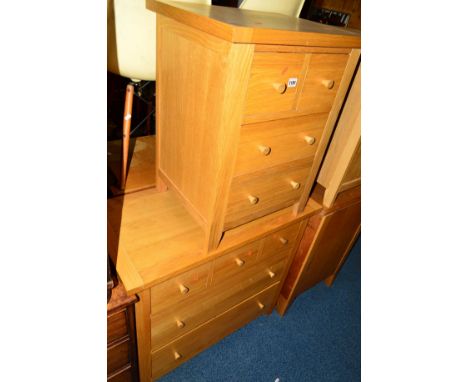 A G PLAN LIGHT OAK CHEST OF THREE LONG DRAWERS, approximate width 88cm x depth 43cm x height 85cm, together with a matching p