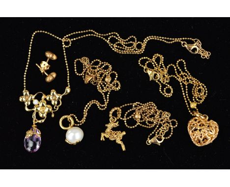 FIVE ITEMS OF GOLD PLATED BLOSSOM COPENHAGEN DANISH JEWELLERY to include a cultured pearl pendant, a pierced heart pendant, a