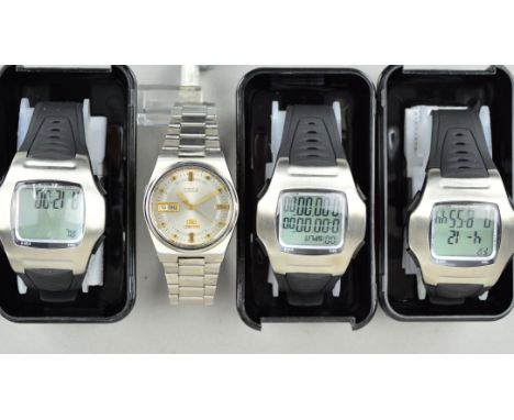A SEIKO WATCH AND THREE REFEREE WATCHES, the gentleman's stainless steel, a Seiko automatic day date wristwatch, model 203772