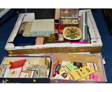THREE BOXES OF SUNDRY ITEMS, to include cigarette cards, match boxes, playing cards, dominoes etc