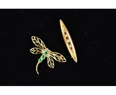 TWO BROOCHES to include a small modern emerald set dragonfly, filigree pierced wings, measuring approximately 14.3mm in lengt