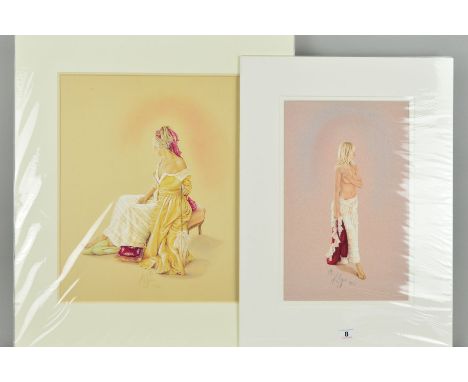 KAY BOYCE (BRITISH CONTEMPORARY) 'SCARLETT', a limited edition print 79/95 of a woman wearing a white skirt, together with 'A