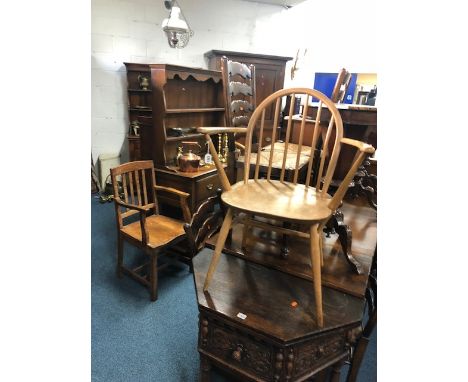 AN ERCOL BLONDE ELM AND BEECH 1960'S STICK BACK ARMCHAIR (sd) together with an oak carver chair (2)