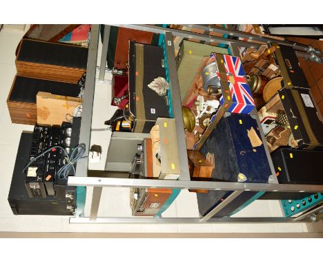 FOUR BOXED AND LOOSE SUNDRY ITEMS, to include clocks, records, speakers, workbox, trunk (with labels), tins, reel to reel tap