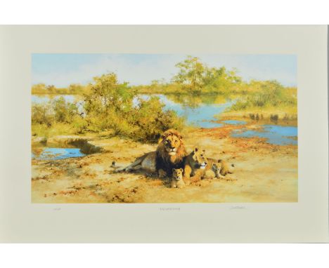DAVID SHEPHERD (1931-2017) 'IN THE COOL OF THE EVENING', a limited edition print 234/350 of a family of lions, signed, titled