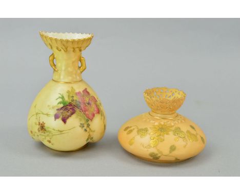 A ROYAL WORCESTER BLUSH IVORY VASE, shape No 1663, florally decorated, approximate height 13cm together with a Royal China Wo