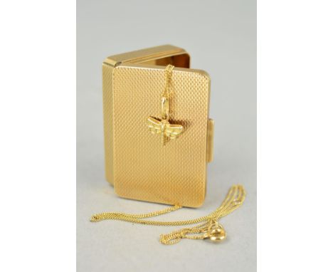A 9CT GOLD PILL BOX AND A PENDANT, the engine turned pill box of rectangular outline with hinged lid, hallmarked Birmingham 1