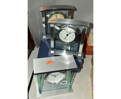 THREE MANTEL CLOCKS, to include two 'Rapport' (with one box) and 'London Clock Company', all Roman numeral dials (3)