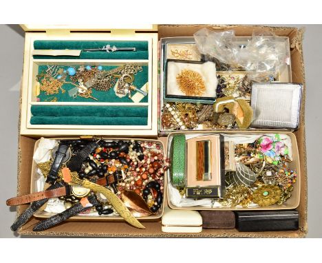 A BOX OF COSTUME JEWELLERY to include a late Victorian carved jet brooch, a green paste and marcasite ring, a filigree brooch