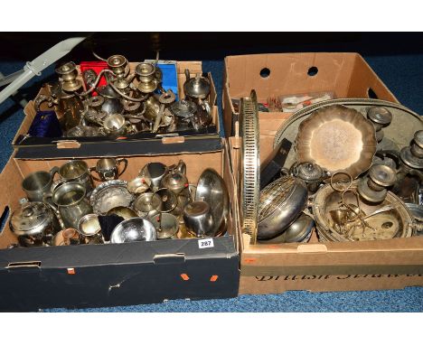 FOUR BOXES OF SILVER PLATE AND OTHER METALWARES including tea wares, boxed and loose cutlery, pewter tankards, five light can