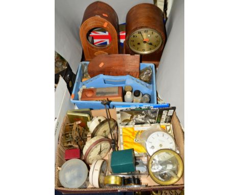 AN OAK CASED DOME TOP MANTEL CLOCK, a mahogany and inlaid clock case, a box of clocks and clock parts, etc and a tray of tool