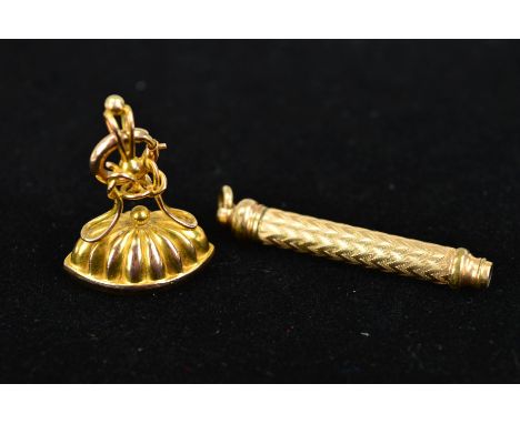 A 9CT GOLD FOB AND A PLATED RETRACTABLE PENCIL, the fob with navette shape base, knot and bead design grip with spring releas