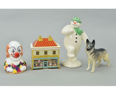 FOUR ORNAMENTS to include Royal Crown Derby paperweight 'The China Shop', Royal Doulton 'The Snowman' figure DS2, Royal Worce