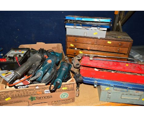 A BOX  CONTAINING TWO BLACK &amp; DECKER 135W SANDERS, three Black &amp; Decker drills and a Kamoden 360v test meter, five sm
