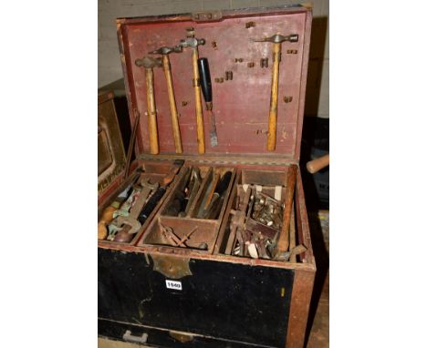 A WOODEN HINGED TOOL CHEST with six individual tray compartments including tools