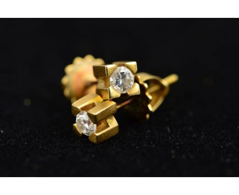 A PAIR OF DIAMOND STUD EARRINGS, each designed as a brilliant cut diamond within a chunky four corner setting with screw post