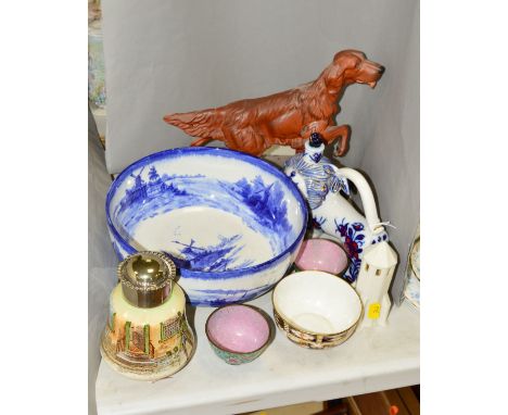 A GROUP OF CERAMICS etc, to include USSR Lion shaped flask, length 16cm, approximate length 16cm, W.H.Goss 'Tower on St Cathe