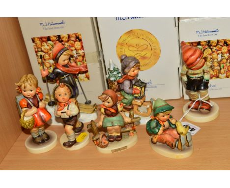 SEVEN HUMMEL FIGURES, 'March Winds' HUM43 (boxed), 'Ride into Christmas' HUM396 (boxed), 'Skier' HUM59 (boxed), 'Singing Less