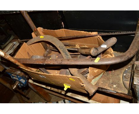 A SMALL BOX OF VINTAGE TOOLS and a sythe (2)