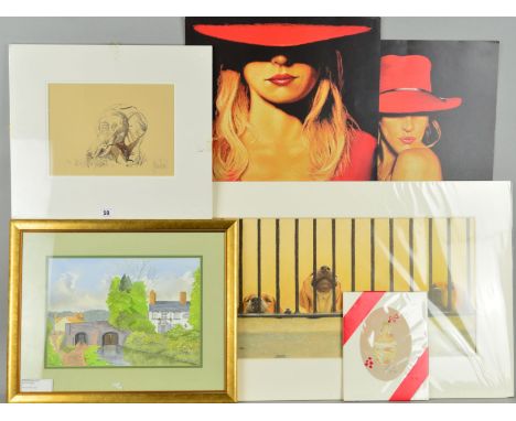 SIX PICTURES AND PRINTS to include a Spence Hodge watercolour of a baby elephant, signed in pencil, a watercolour by Paul Ada