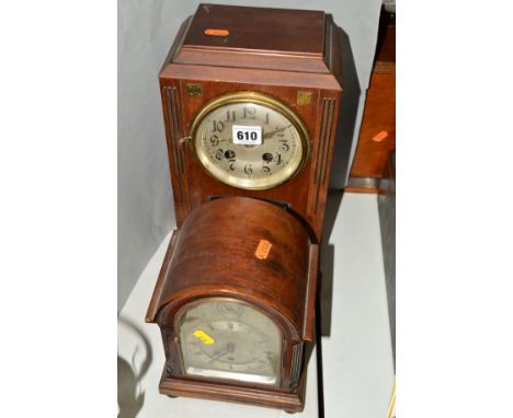 A GERMAN (BERLIN) MANTEL CLOCK, height approximately 36cm (pendulum), together with a small clock with silvered dial marked '
