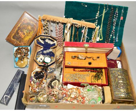 A SELECTION BOX OF COSTUME JEWELLERY to include a late Victorian silver locket, a compact, three Mexican items of jewellery, 