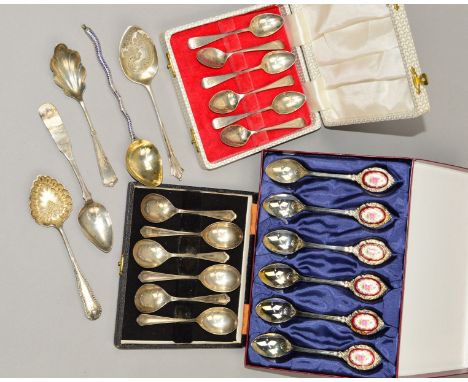 A SELECTION OF SILVER AND EPNS SPOONS to include a cased set of six silver fruit spoons and a cased set of six spoons with fl