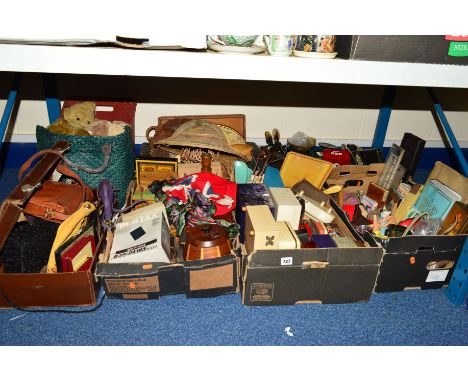 FIVE BOXES AND LOOSE SUNDRY ITEMS to include vintage hand bags, teddy bears, treen, jewellery boxes and a pair of Pentax zoom