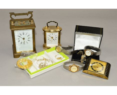 A MIXED LOT to include a brass carriage clock, other watches, costume jewellery, etc