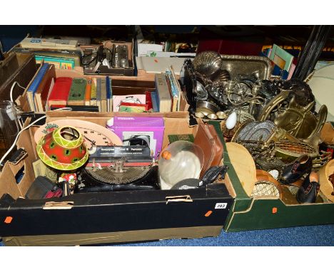 FIVE BOXES AND LOOSE SUNDRY ITEMS, to include books, pictures, mirrors, oil lamp, clock, Remington typewriter, metalwares etc