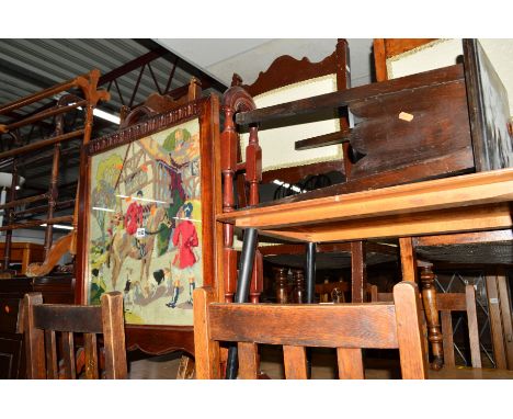 A QUANTITY OF OCCASIONAL FURNITURE to include an Edwardian firescreen, three towel rails, a stool, an occasional table, a pla