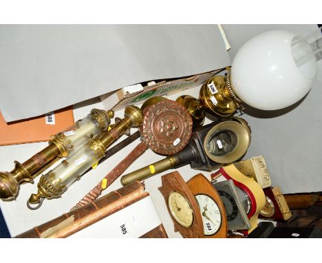VARIOUS LAMPS, METALWARE, etc to include oil lamp, coach lamp, pair 'GWR' carriage lights (crack in one) etc (6)