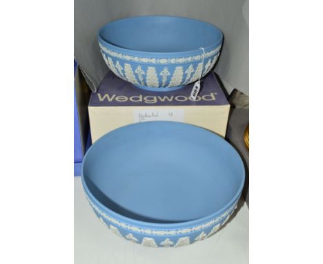 TWO WEDGWOOD LIGHT BLUE JASPERWARE FOOTED BOWLS, decorated with Acanthus leaves, diameter 26cm, one with box (2)