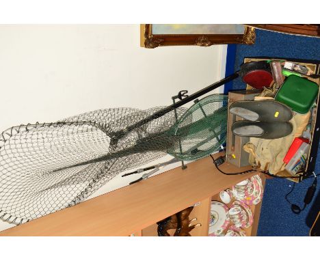 VARIOUS FISHING ACCESSORIES, etc to include two nets (Snowbee), hooks, Hardy reel, Intrepid Challenger reel, various bags/tin