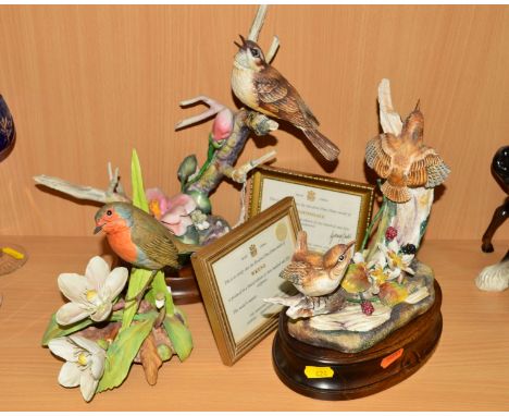 TWO LIMITED EDITION HEREFORD CHINA SCULPTURES to include 'Nightingale' No 10/250, and 'Wrens' No 221/250 (one petal broken) b