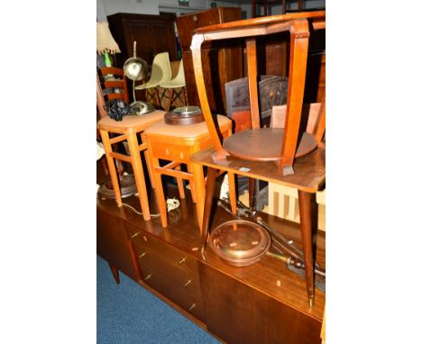 A QUANTITY OF OCCASIONAL FURNITURE to include two occasional tables, two stools, two oak stands, barometer, etc and a drop le