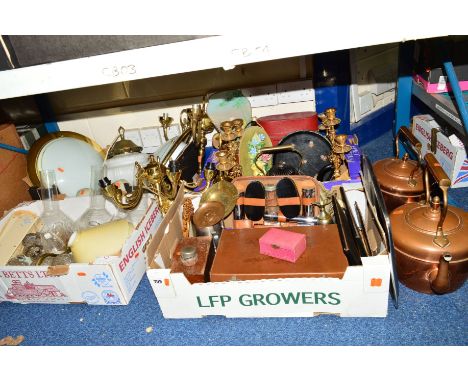 FOUR BOXES AND LOOSE ITEMS to include a silver vanity brush and comb, various oil lamp reservoirs and chimneys, copper kettle