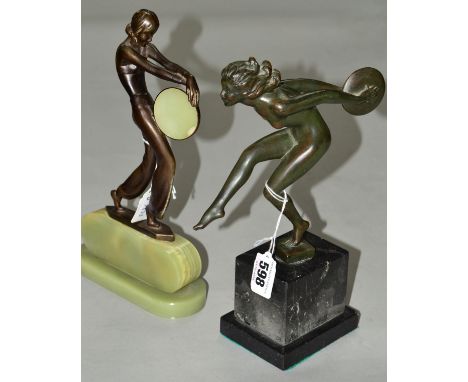 AFTER LORENZL, an Art Deco style bronzed spelter figure of a girl with a tambourine, on a green onyx base, height approximate