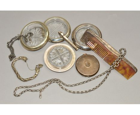 A CIRCULAR SILVER POWDER COMPACT, engine turned case, a set of four F.B. Rogers Silver Co 'Sterling' mounted glass coasters, 