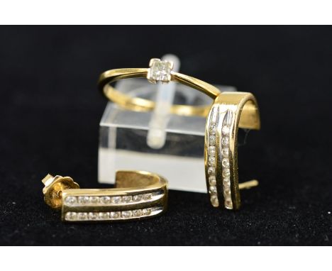 A 9CT GOLD SINGLE STONE DIAMOND RING AND A PAIR OF 14CT GOLD DIAMOND EARRINGS, the ring designed as a princess cut diamond in