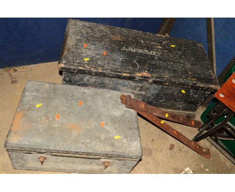 A METAL AMMUNITION CRATE AND WOODEN TOOL CHEST to include various tools and a pair of cast iron gate hinges (4)