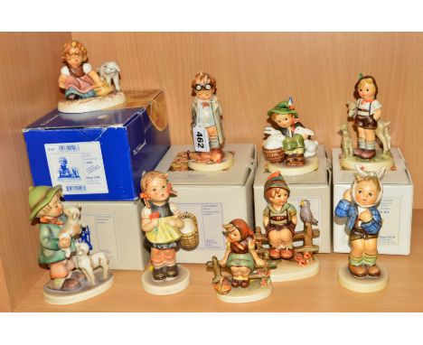 NINE HUMMEL FIGURES, to include 'Doctor' HUM 127 (boxed), 'Playmates' HUM 58 (boxed), 'Little Goat Herder' HUM 200 (boxed), l
