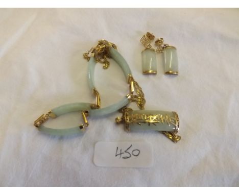 Asweet of 9ct gold &amp; jade jewellery including 5 panel bracelet, a matching pendant &amp; matching drop earrings