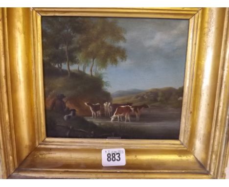 Early c19 school - Figure and cattle on river landscape - on panel - 6"x7.5"
