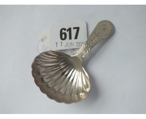 George III bright cut caddy spoon with large fluted bowl - London 1801 by Urquart &amp; Hart