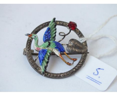 Silver &amp; enamel stork brooch