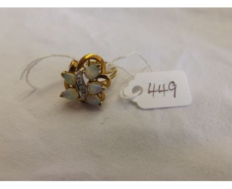 Marked 4ct gold ring set with 5 solid opals &amp; numerous diamonds set in scrolling mount